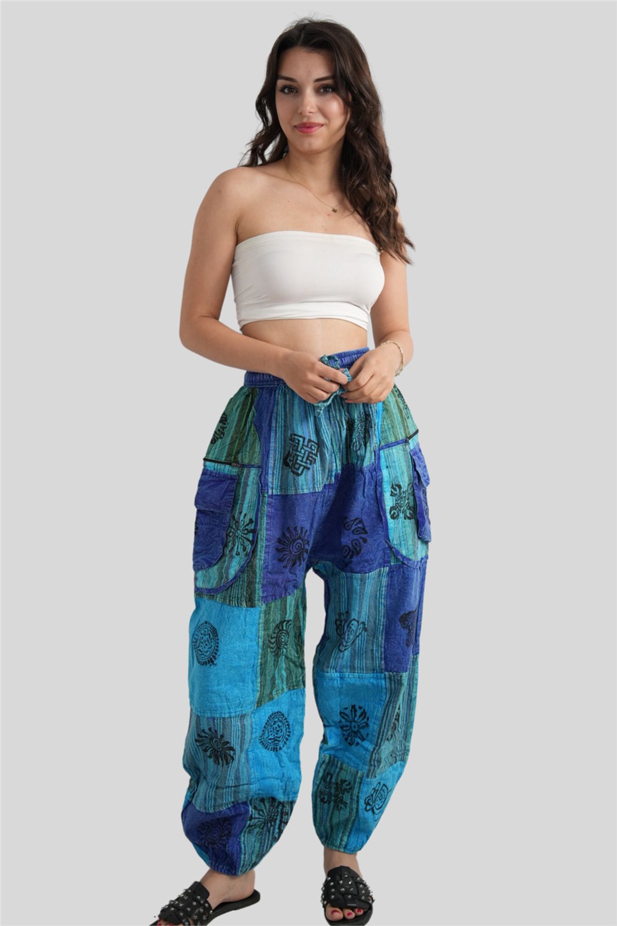 Miss Boheme Turkuaz Unisex Bohem Nepal Cepli Fermuar Detaylı Pantolon