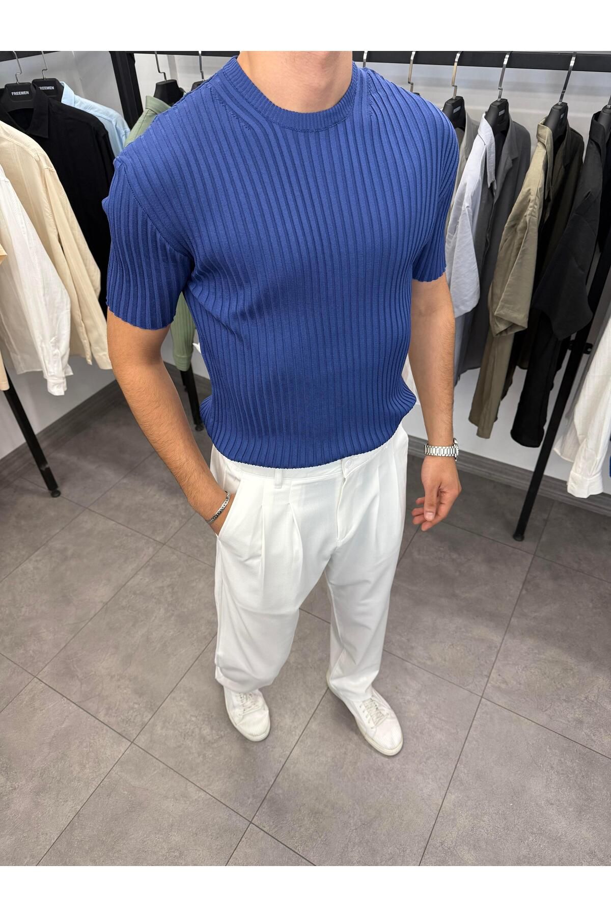 Butik Fitilli Lazer Kesim Triko %100 Likralı Mavi