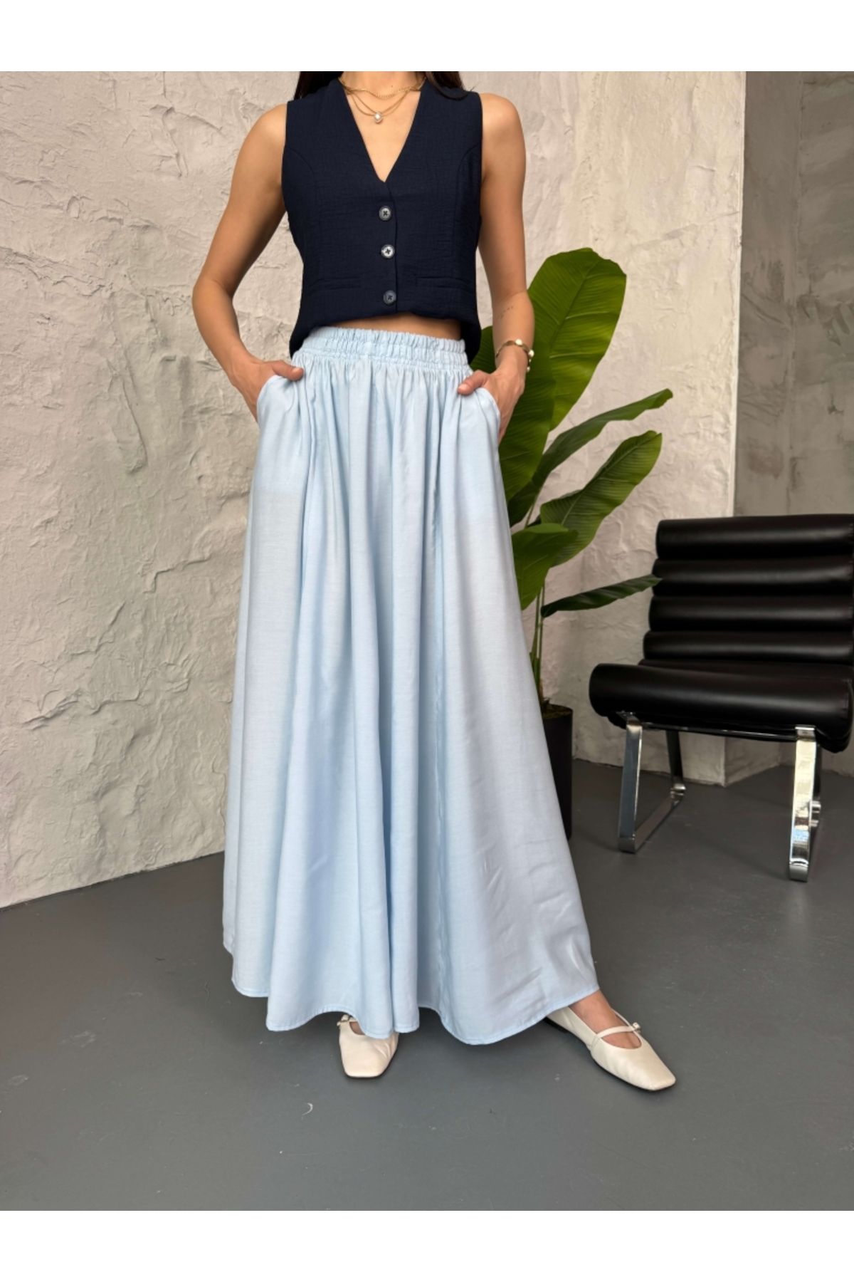 Elif Özbey Butik Mavi Beli Lastikli Uzun Etek