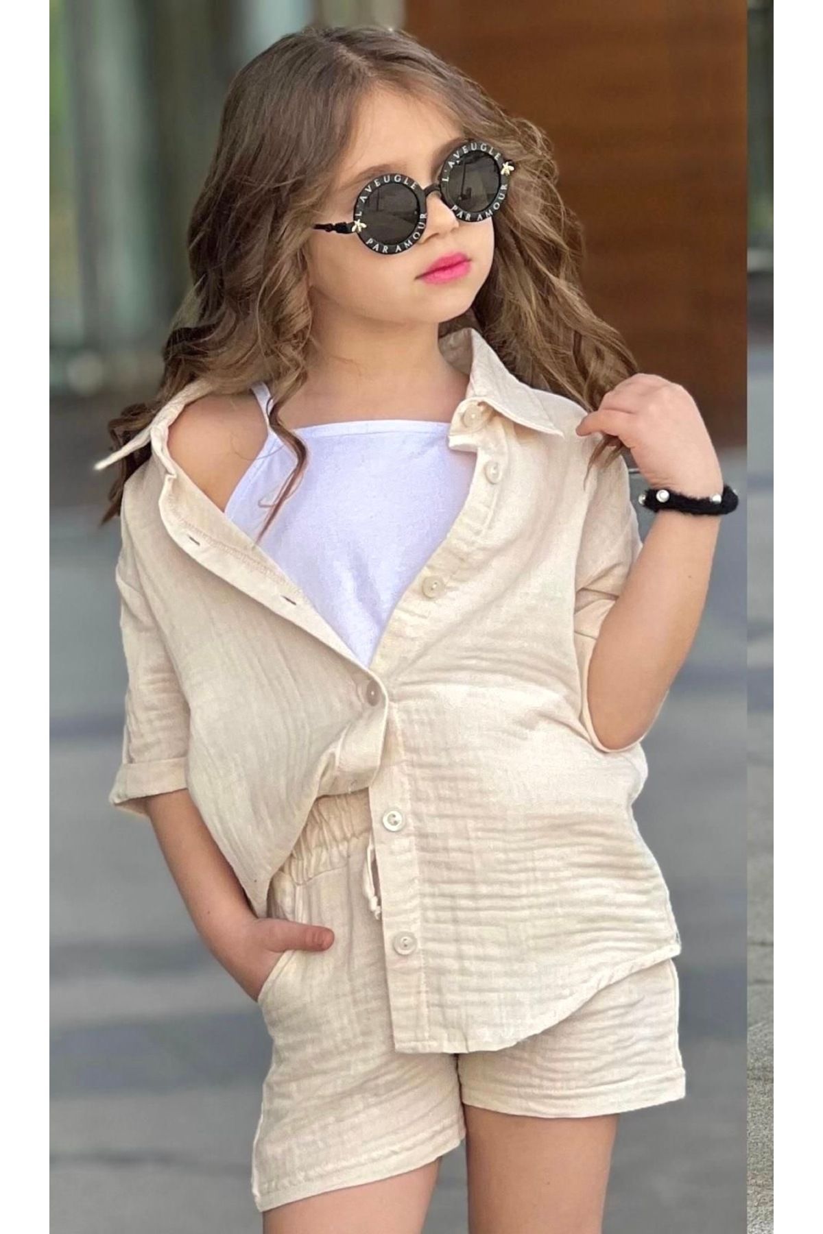 Calisa Kız Çocuk Müslin Gömlek Body ve Şort Takım Bayramlık