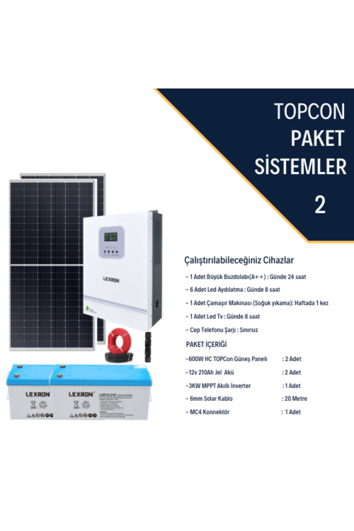 Fabri Solar Güneş Enerjisi Bağevi Hazır Solar Paket - 3Kw Mppt Akıllı İnverter + 2X 600W Güneş Paneli+ 2X 12V 21