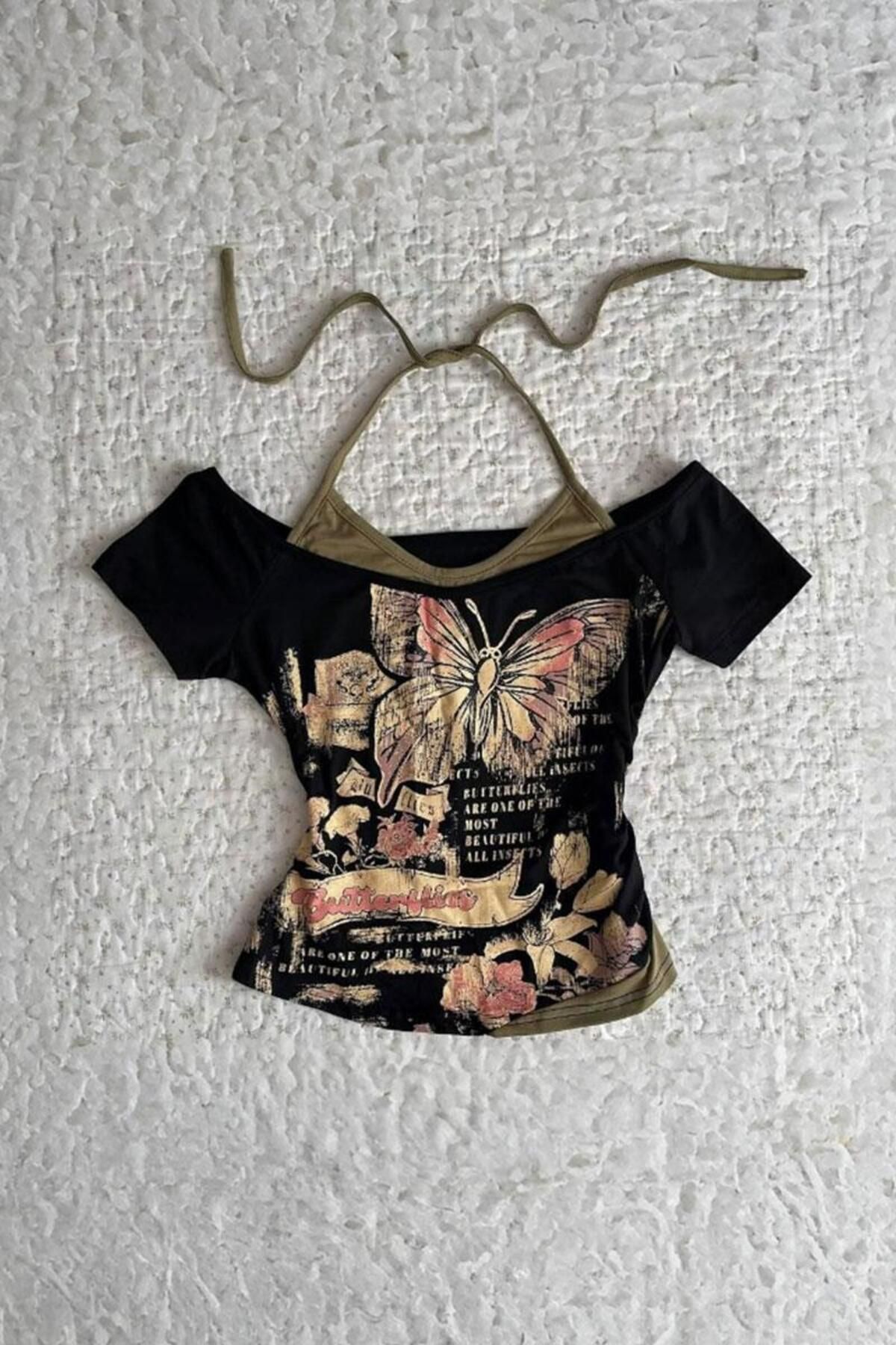 Karakedi Siyah Butterfly Madonna Yaka Ek Askılı Kısa Kollu Full Body Crop