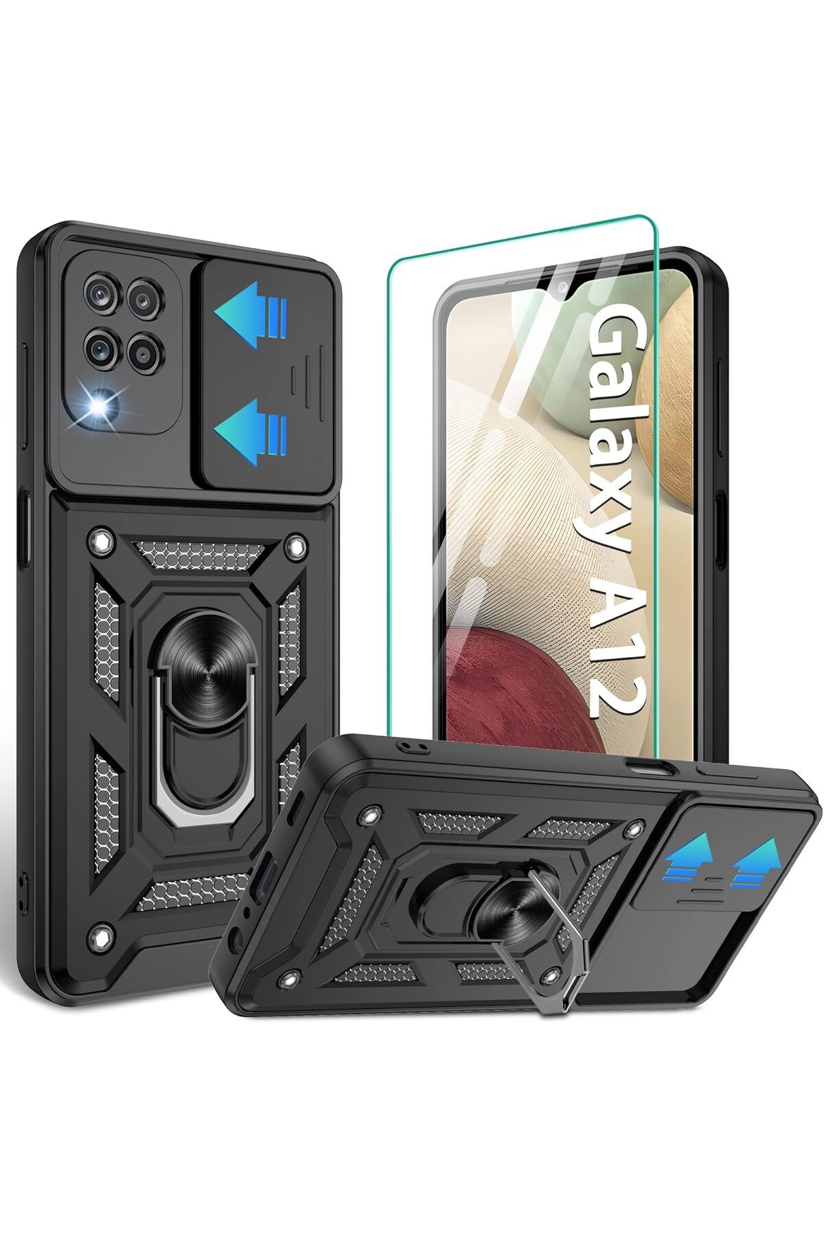 Rivor Samsung Galaxy A12 & M12 Kılıf Kamera Sürgülü Standlı Yüzüklü Darbe Emici Zırh Koruyucu Tank Kapak