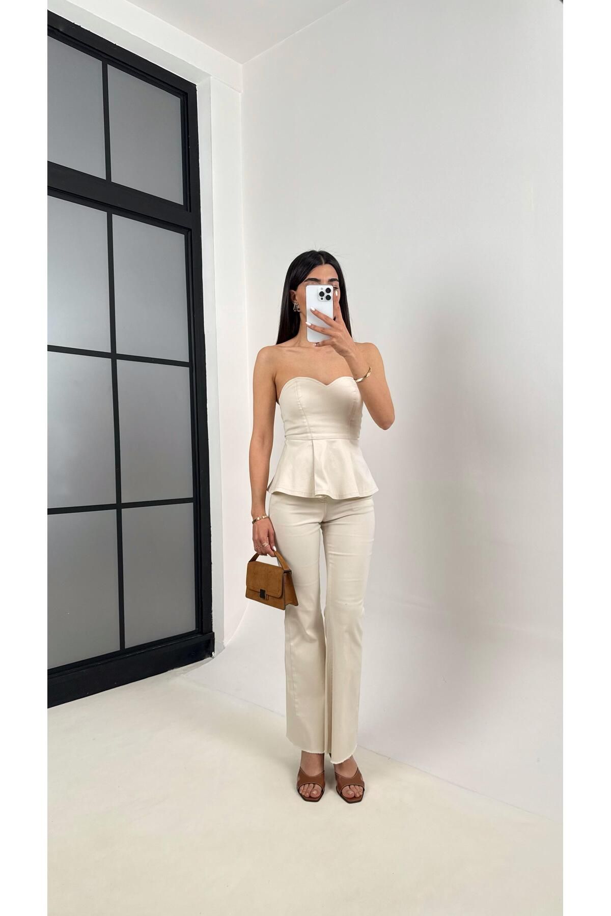 Gaus Taş Flare Jean Straplez Crop Volanlı Tasarım Takım Gaus00400
