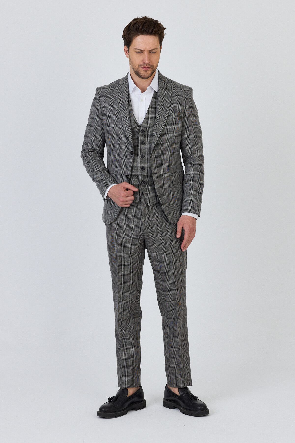 Frappoli Biglia Erkek Siyah-Gri Ceket+Pantolon+Yelek Çift Yırtmaçlı Slim Fit Takim Elbise