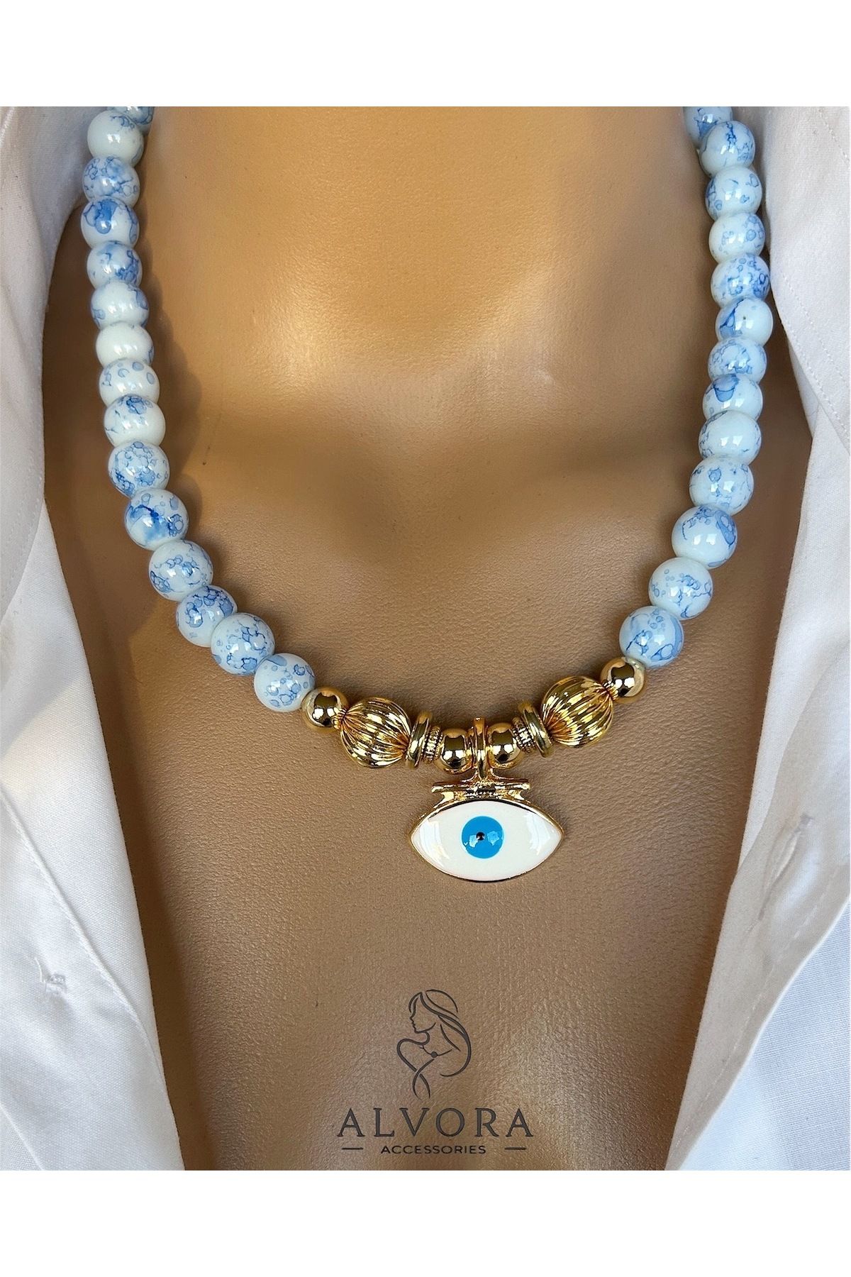 Alvora Accessories Mavi Desenli Boncuk Tasarım Mavi Göz Kolye