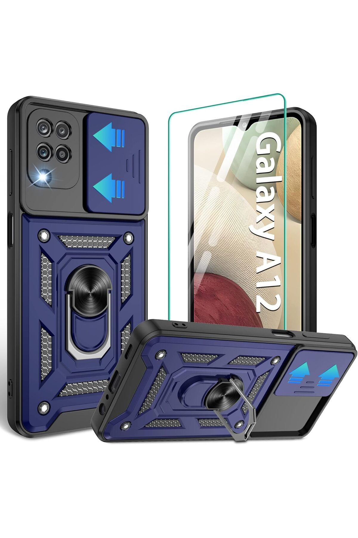 Rivor Samsung Galaxy A12 & M12 Kılıf Kamera Sürgülü Standlı Yüzüklü Darbe Emici Zırh Koruyucu Tank Kapak