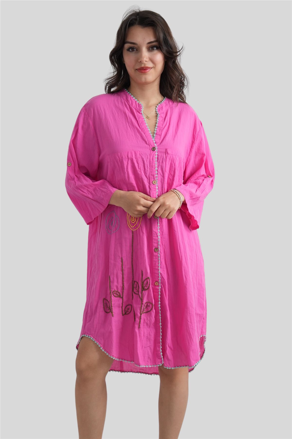 Miss Boheme Pembe Çiçek Nakışlı Kısa Düğme Detaylı Tunik Elbise