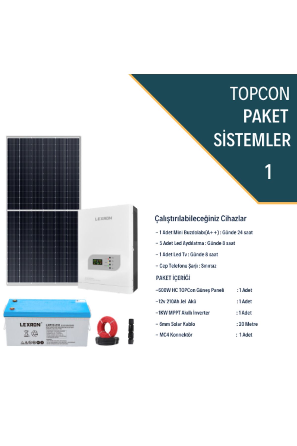 Fabri Solar Güneş Enerjisi Bağevi Hazır Solar Paket - 1Kw Mppt Akıllı İnverter + 1X 600W Güneş Paneli+ 1X 12V 21