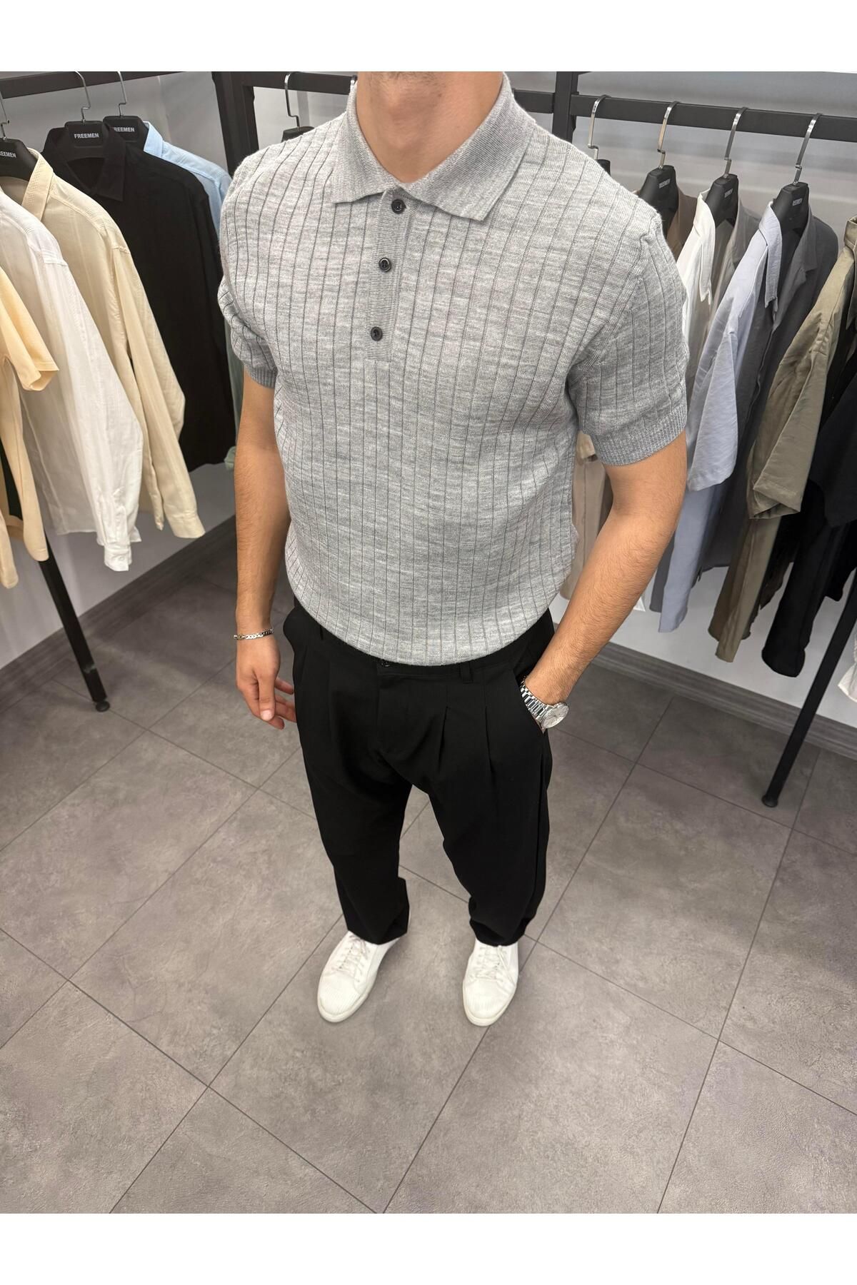Butik Düğme ve Fitil Detaylı Polo Yaka Triko Gri