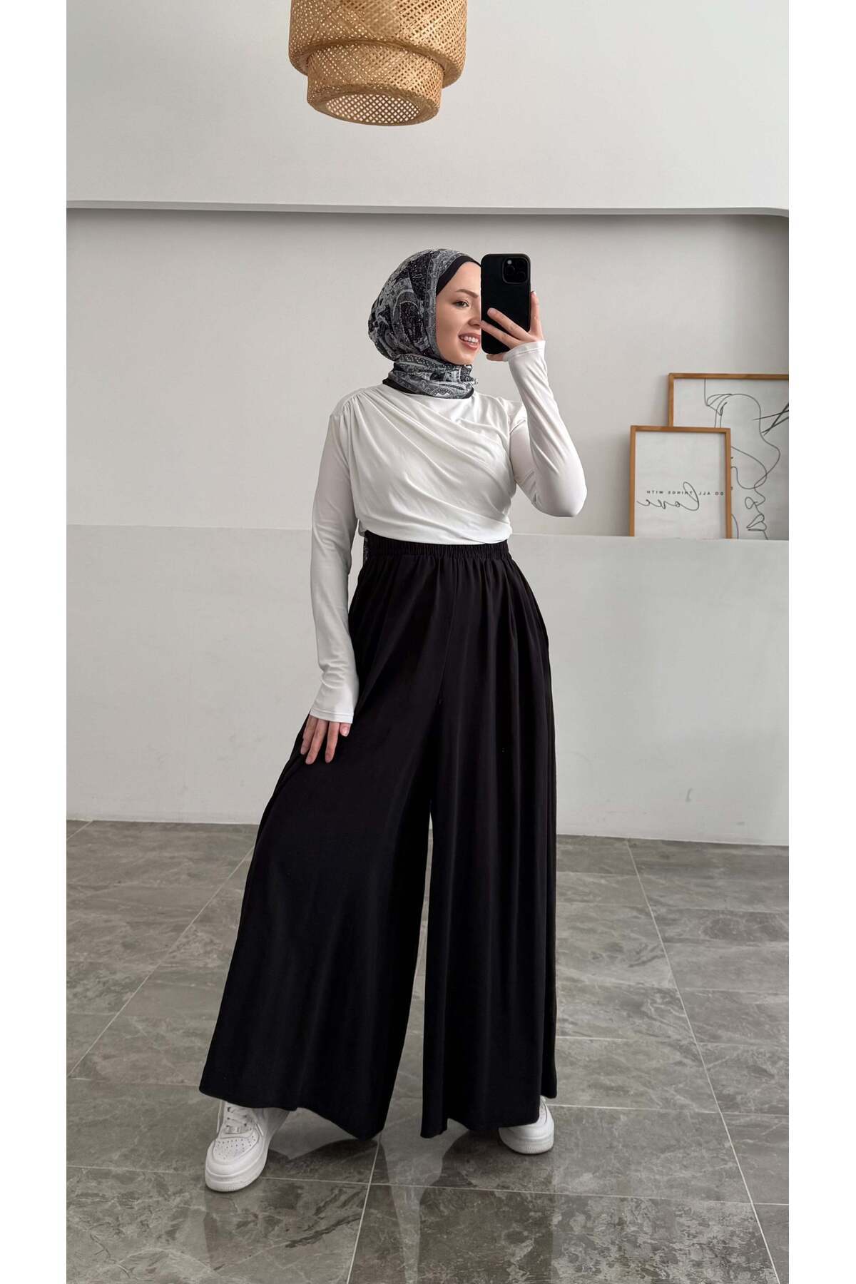 Hatun Atila Beli Lastikli Geniş Paça Modal Etekli Pantolon - Siyah görsel 3