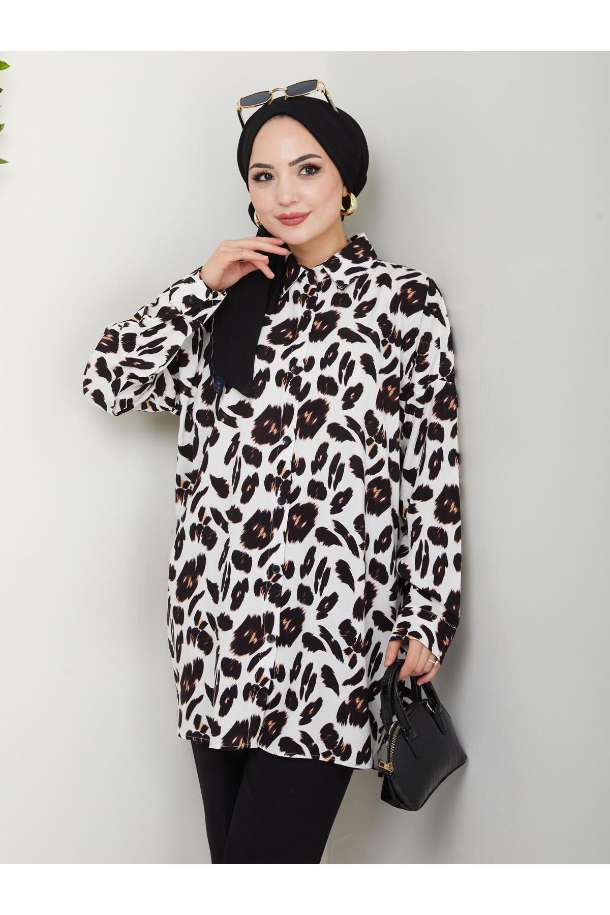 Yasmy Collection Kadın Şık Tüy Desen Standart Beden Oversize Tesettür Gömlek YS25-LV002