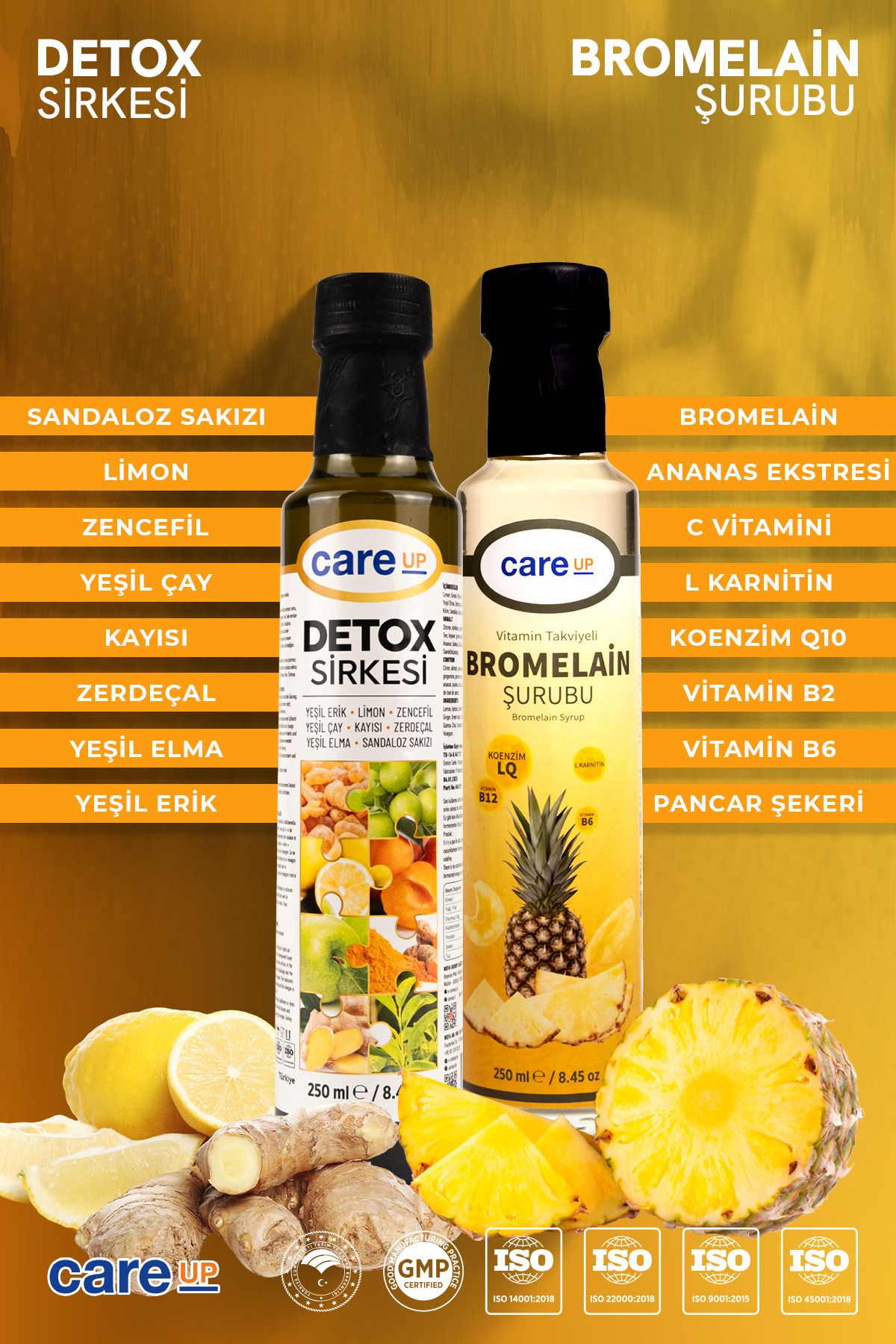 careup Detox Sirkesi Sandaloz Sakızı, Yeşil Erik, Kayısı Içeren 250ml+Bromelain Ananas İçeren Şurubu 250 ml