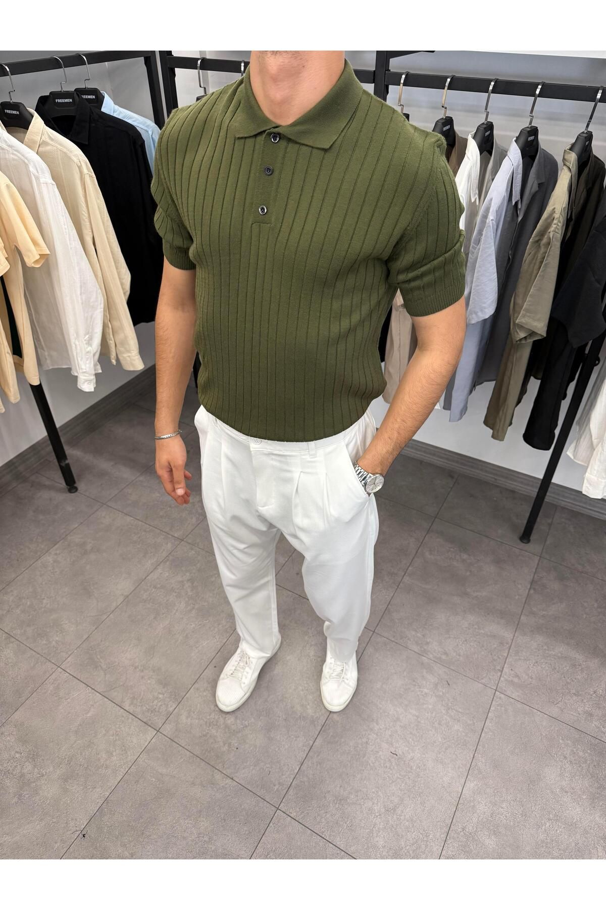 Butik Düğme ve Fitil Detaylı Polo Yaka Triko Haki
