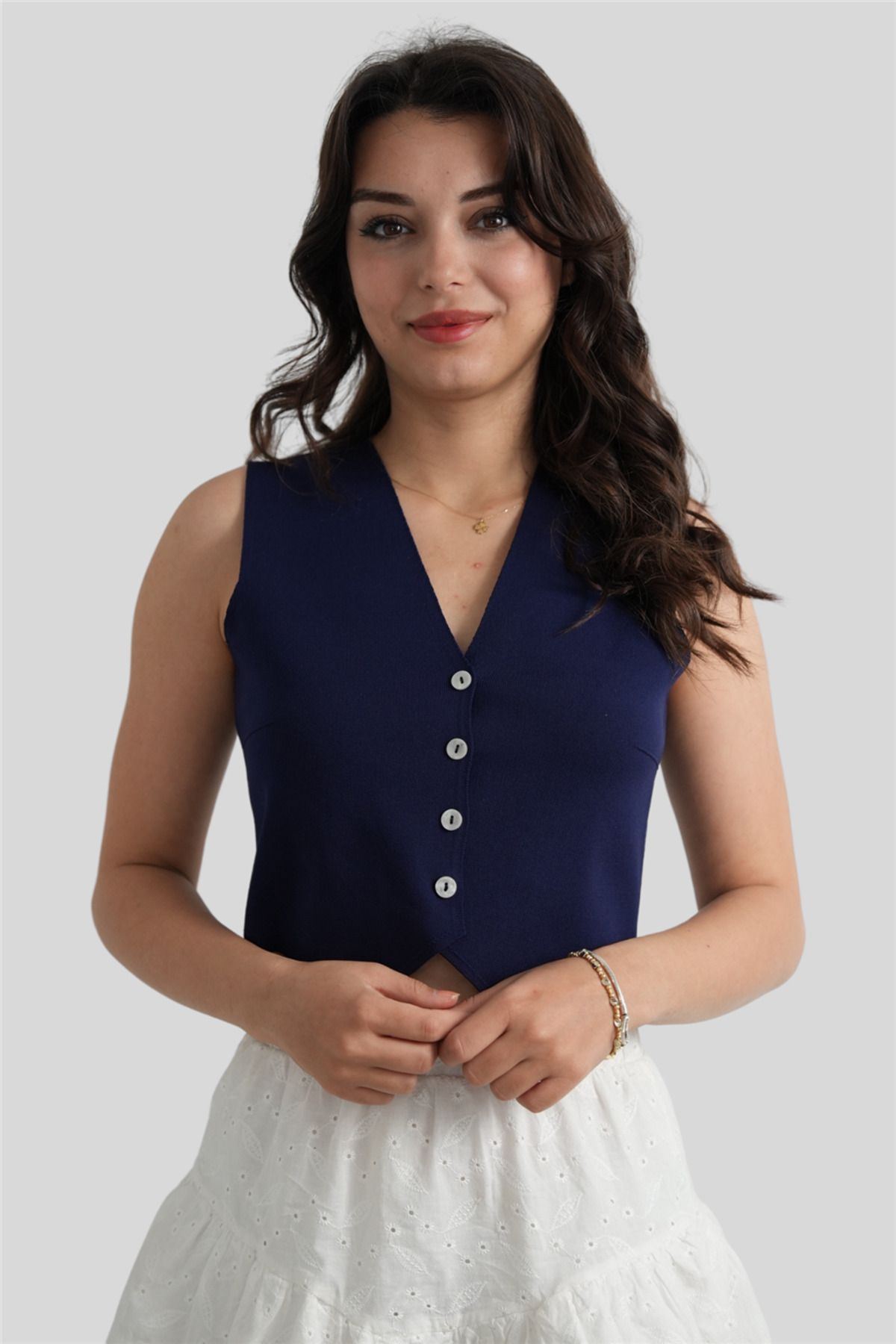 Miss Boheme Lacivert V Yaka Düğme Detaylı Örme Triko Bluz