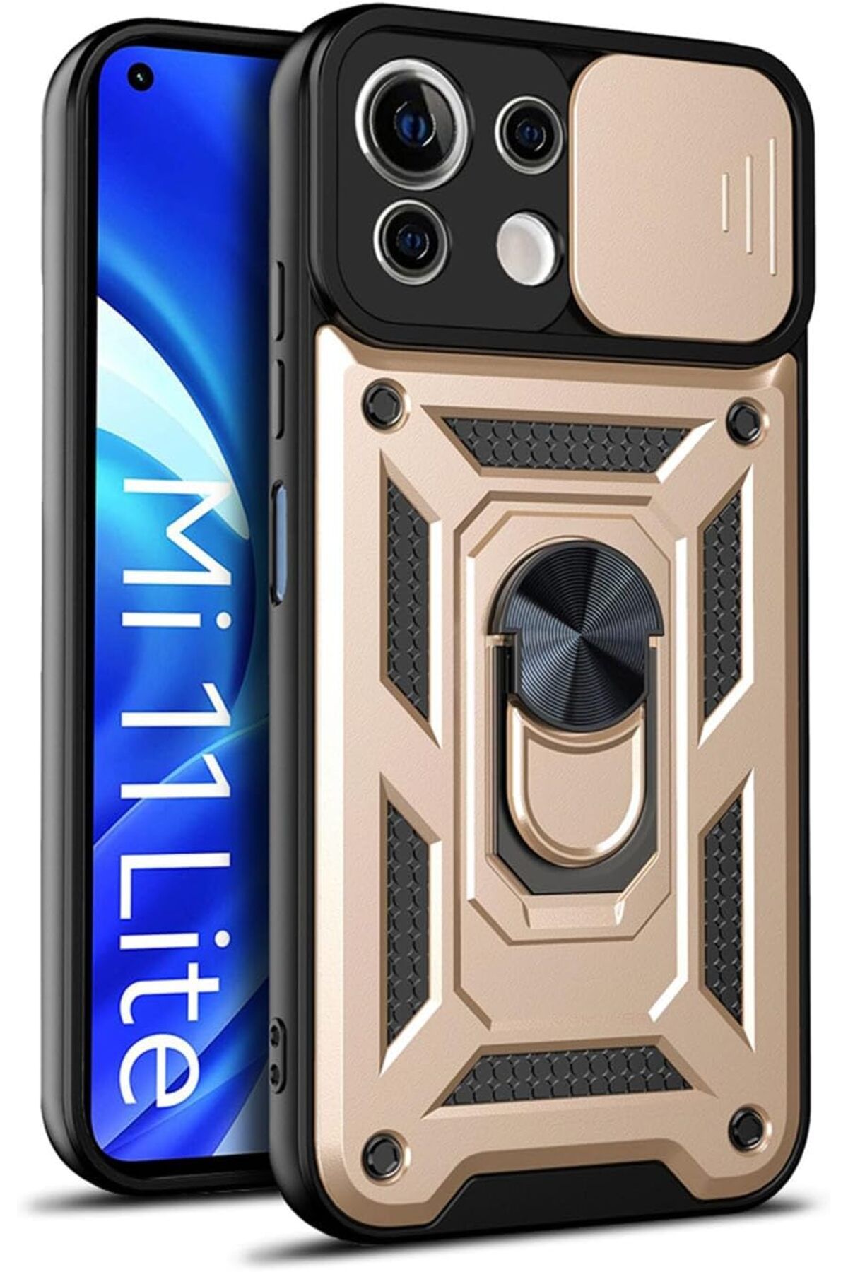 Rivor Xiaomi Mİ 11 Lite Uyumlu Kılıf Kamera Sürgülü Standlı Yüzüklü Darbe Emici Zırh Koruyucu Tank Kapak