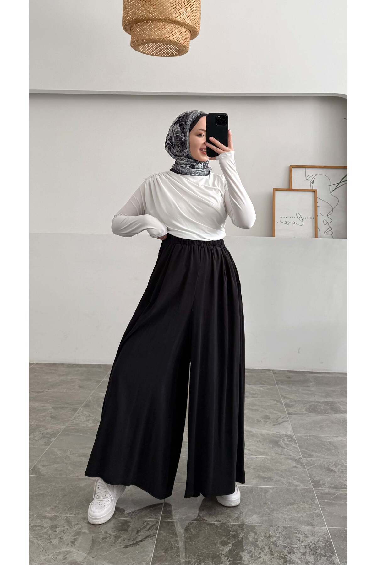 Hatun Atila Beli Lastikli Geniş Paça Modal Etekli Pantolon - Siyah görsel 4
