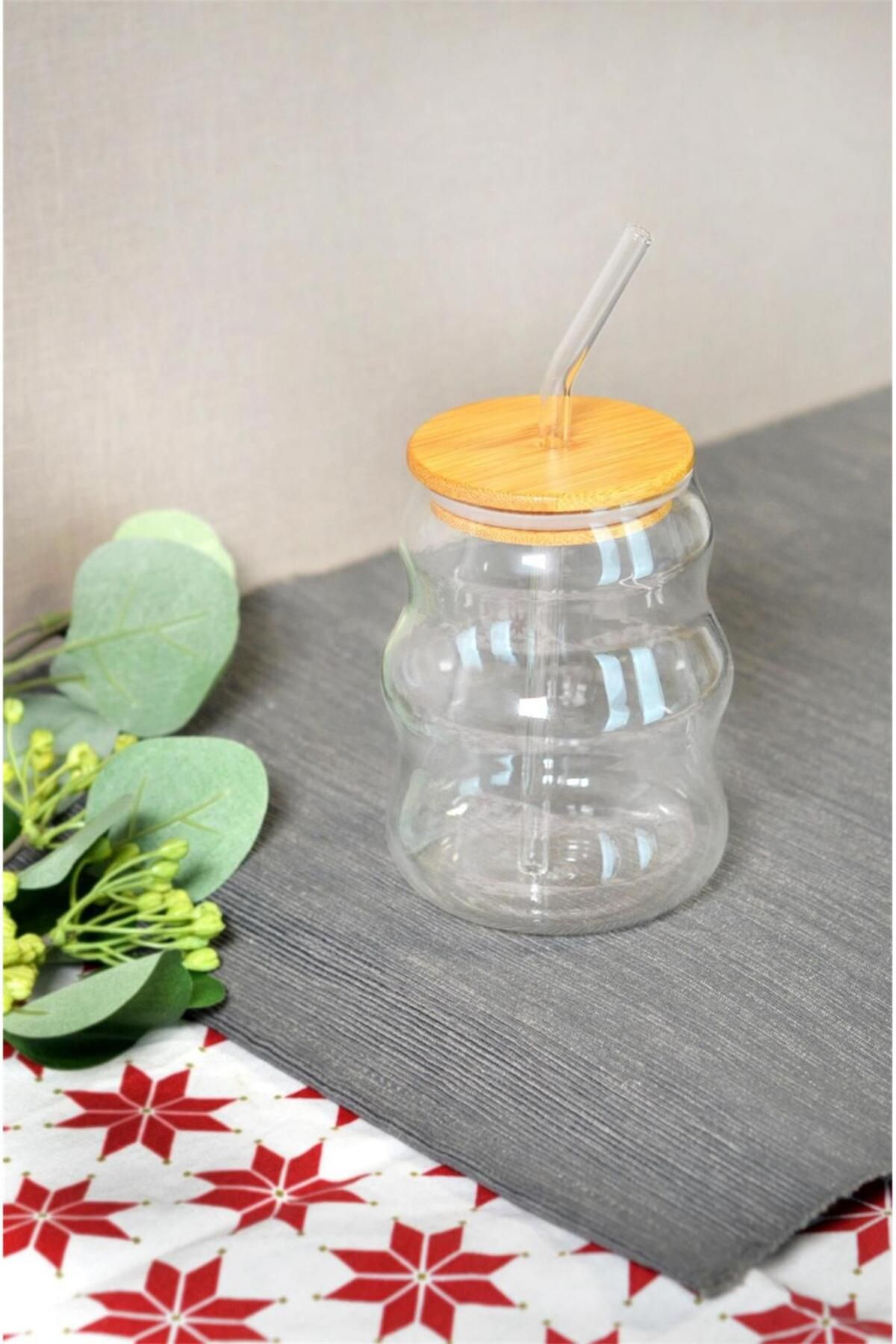 Bayev 450 Ml Bambu Kapaklı Cam Pipetli Pinterest Bardak - Borosilikat Kahve Sunum Bardağı 401305
