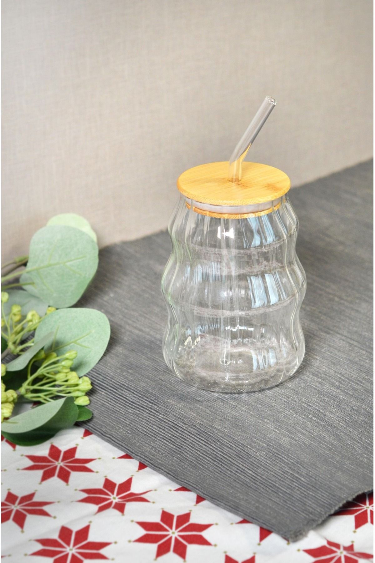Bayev 450 Ml Burgu Bambu Kapaklı Cam Pipetli Pinterest Bardak - Borosilikat Kahve Sunum Bardağı 401304