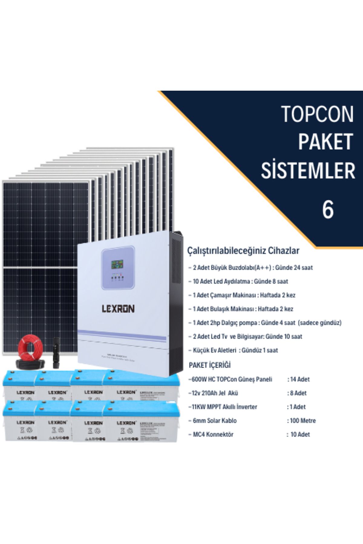 Fabri Solar Güneş Enerjisi Bağevi Hazır Solar Paket - 11Kw Mppt Akıllı İnverter + 14X 600W Güneş Paneli+ 8X 12V