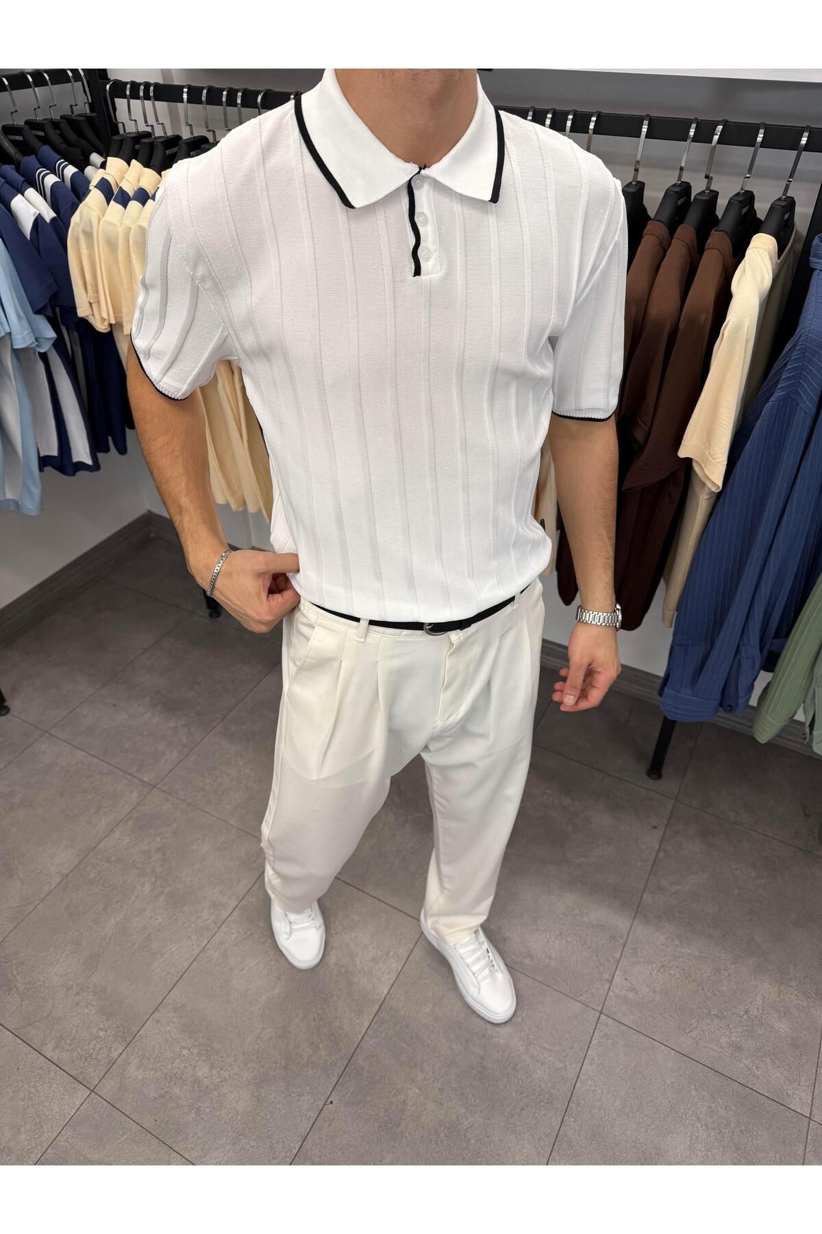 Butik Fitilli Likralı Polo Yaka Triko Beyaz