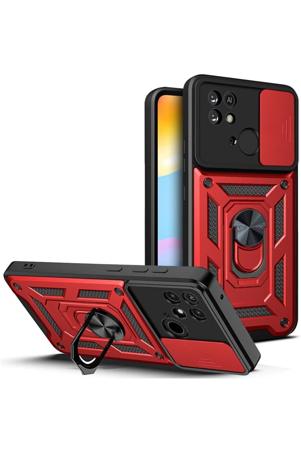 Rivor Xiaomi Redmi 10C & Poco C40 Kılıf Kamera Sürgülü Standlı Yüzüklü Darbe Emici Koruyucu Tank Kapak