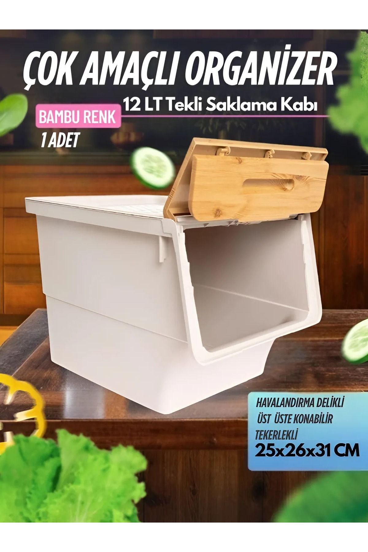 nextbuy Tekli Organizer Bambu Çok Amaçlı Kutu Tekerlekli Patateslik Sebzelik Soğanlık Kutusu Oyuncak Sepeti