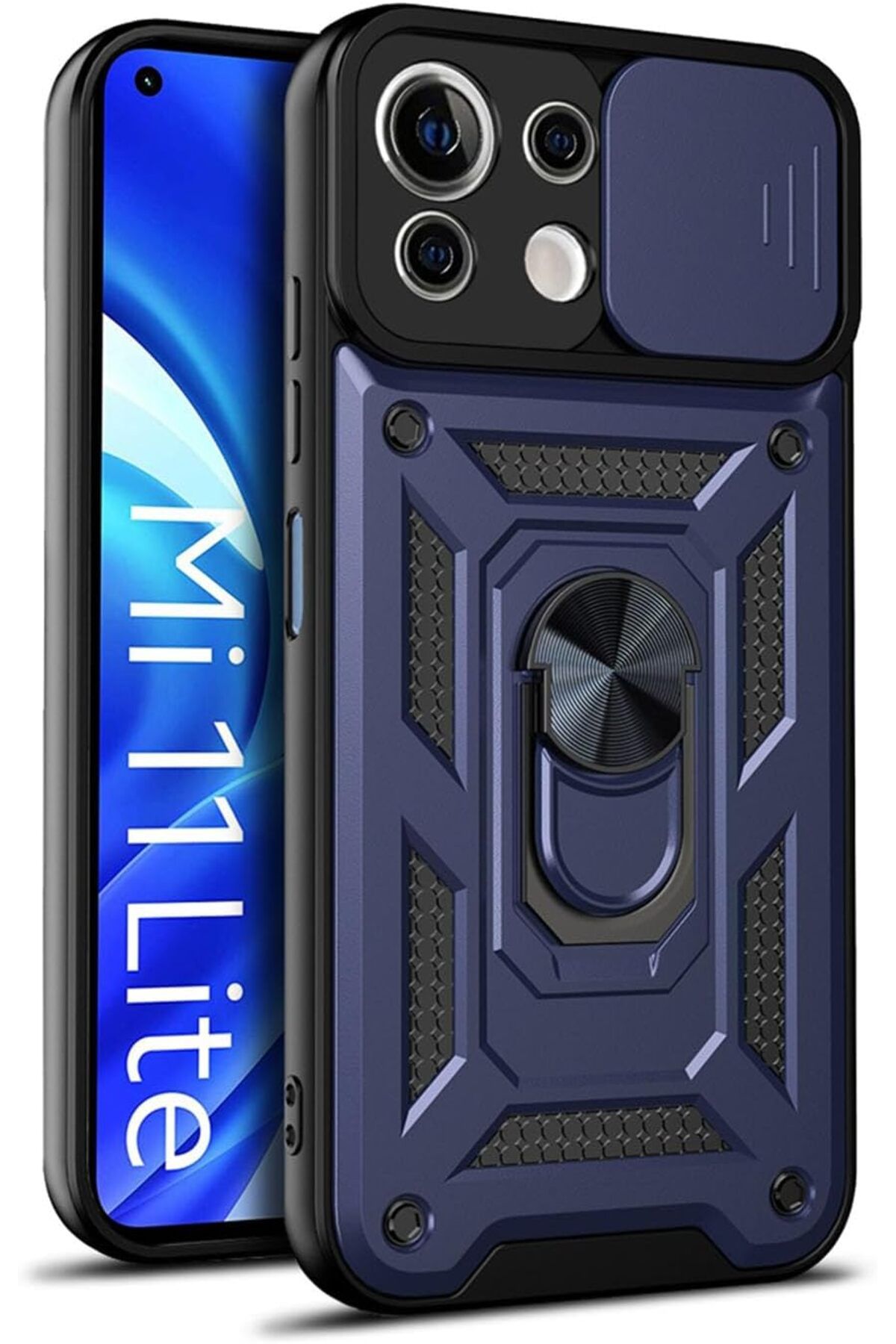 Rivor Xiaomi Mİ 11 Lite Uyumlu Kılıf Kamera Sürgülü Standlı Yüzüklü Darbe Emici Zırh Koruyucu Tank Kapak