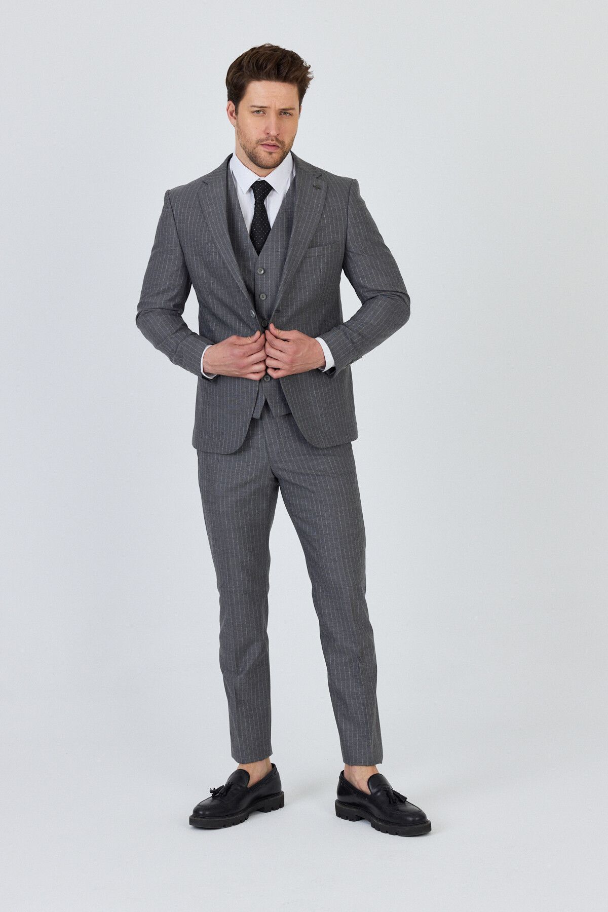 Frappoli Erkek Açık Gri İtalyan Çizgili Ceket+Pantolon+Yelekli Slim Fit Takim Elbise