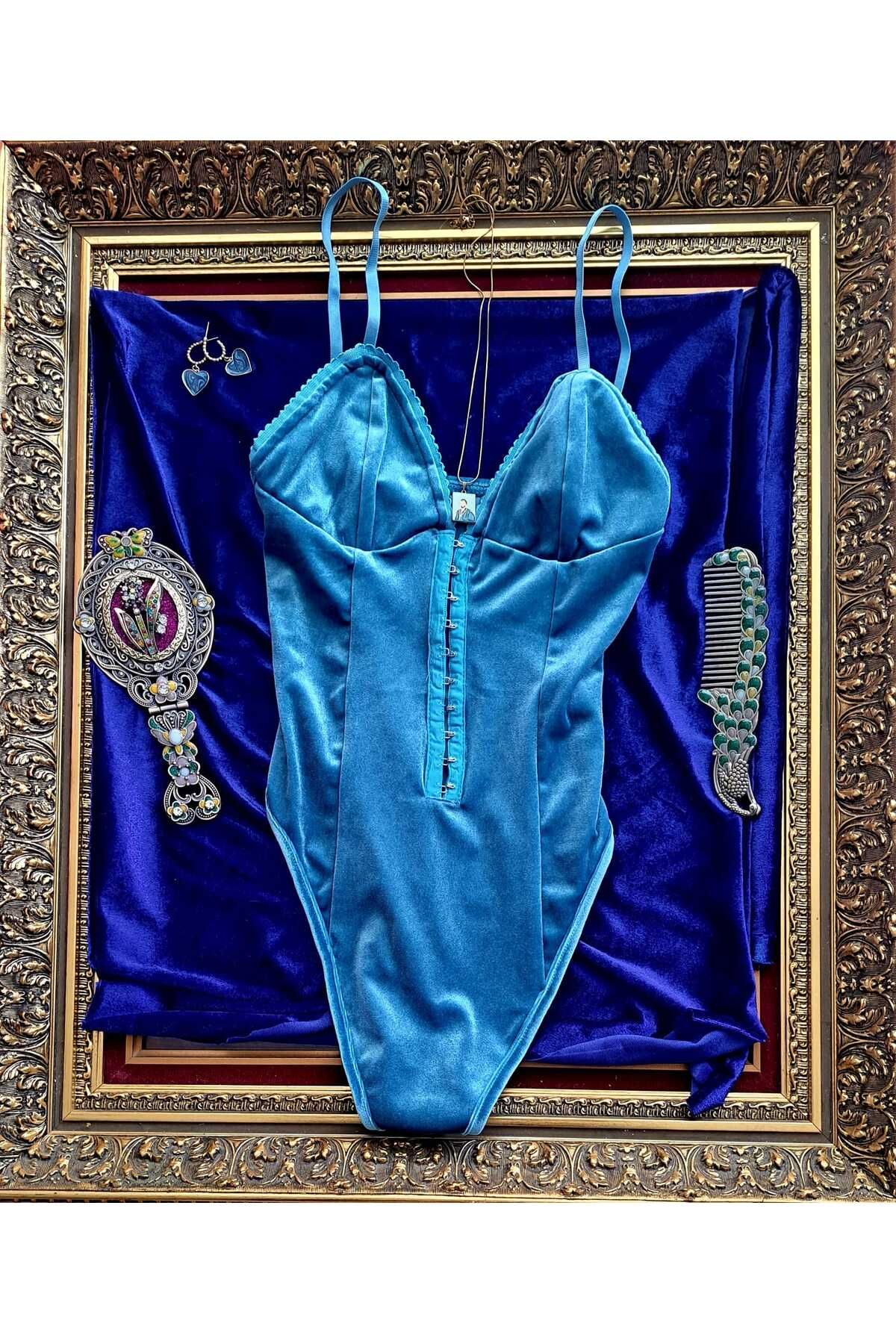 ALEİDANIN KOLEKSYONU Mavi Lacivert Lacivert Korse Vintage Giyim Retro Kadın Üst Giyim Yaz Günlük çıtçıtlı body Yaz kadın