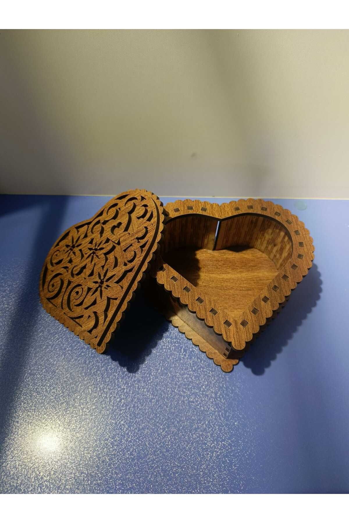 öyküdekor Kalp Motifli Ahşap MDF Kapaklı Kutu | Dekoratif Takı ve Hediye Kutusu