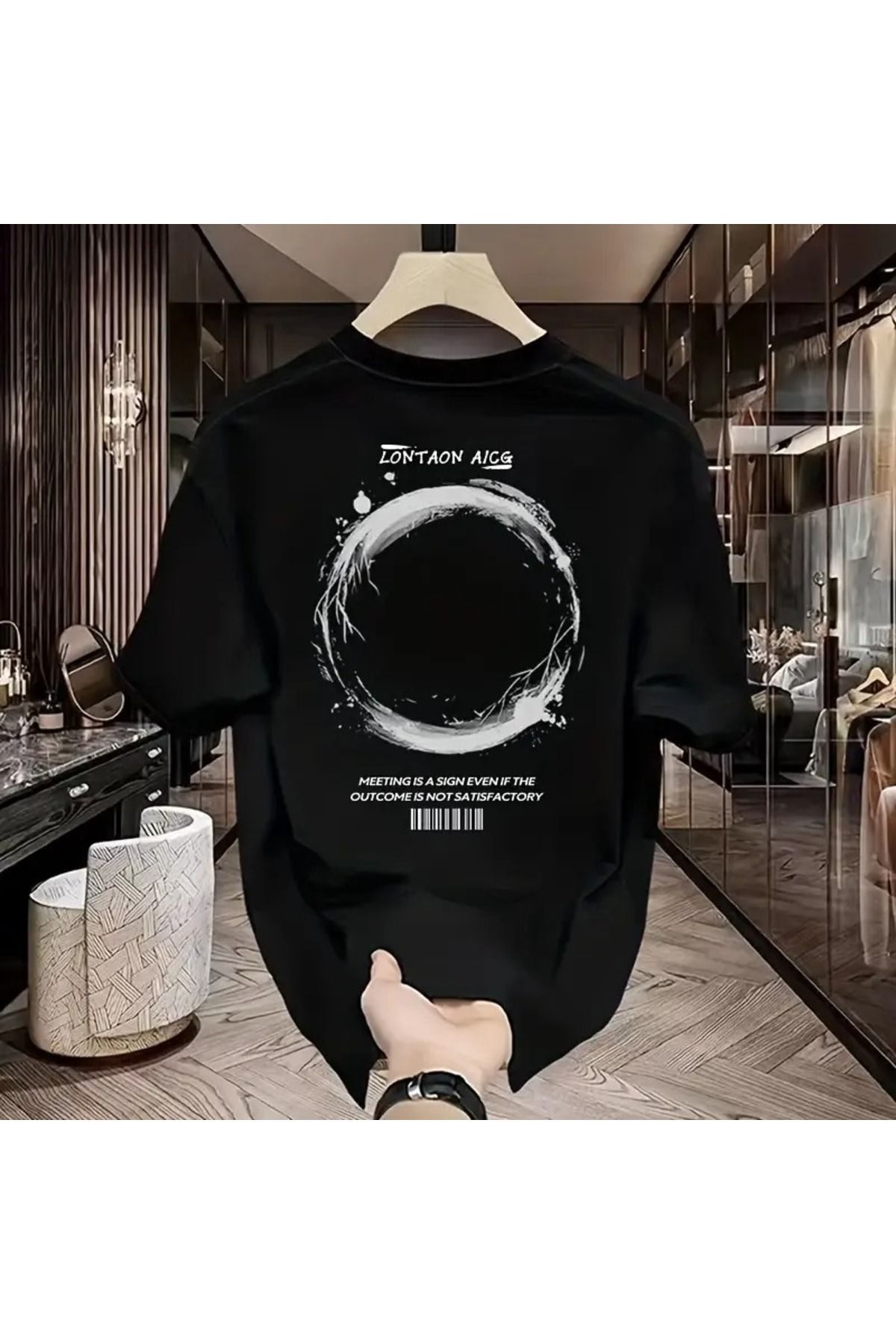 LAND MODA Erkekler için Ağır Ağırlıkta %100 Pamuklu Oversize Grafikli Tişört - Beyaz Harf Baskılı Siyah,