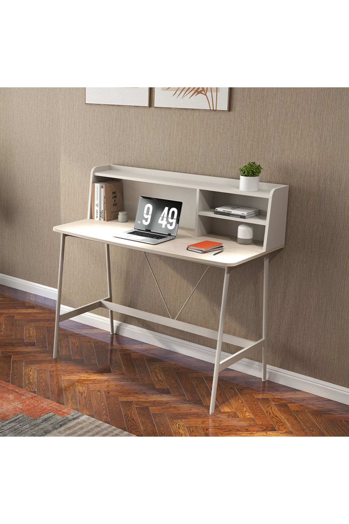Work Table with Tower Shelf - Walnut / Cream 115.5x55x106 cm