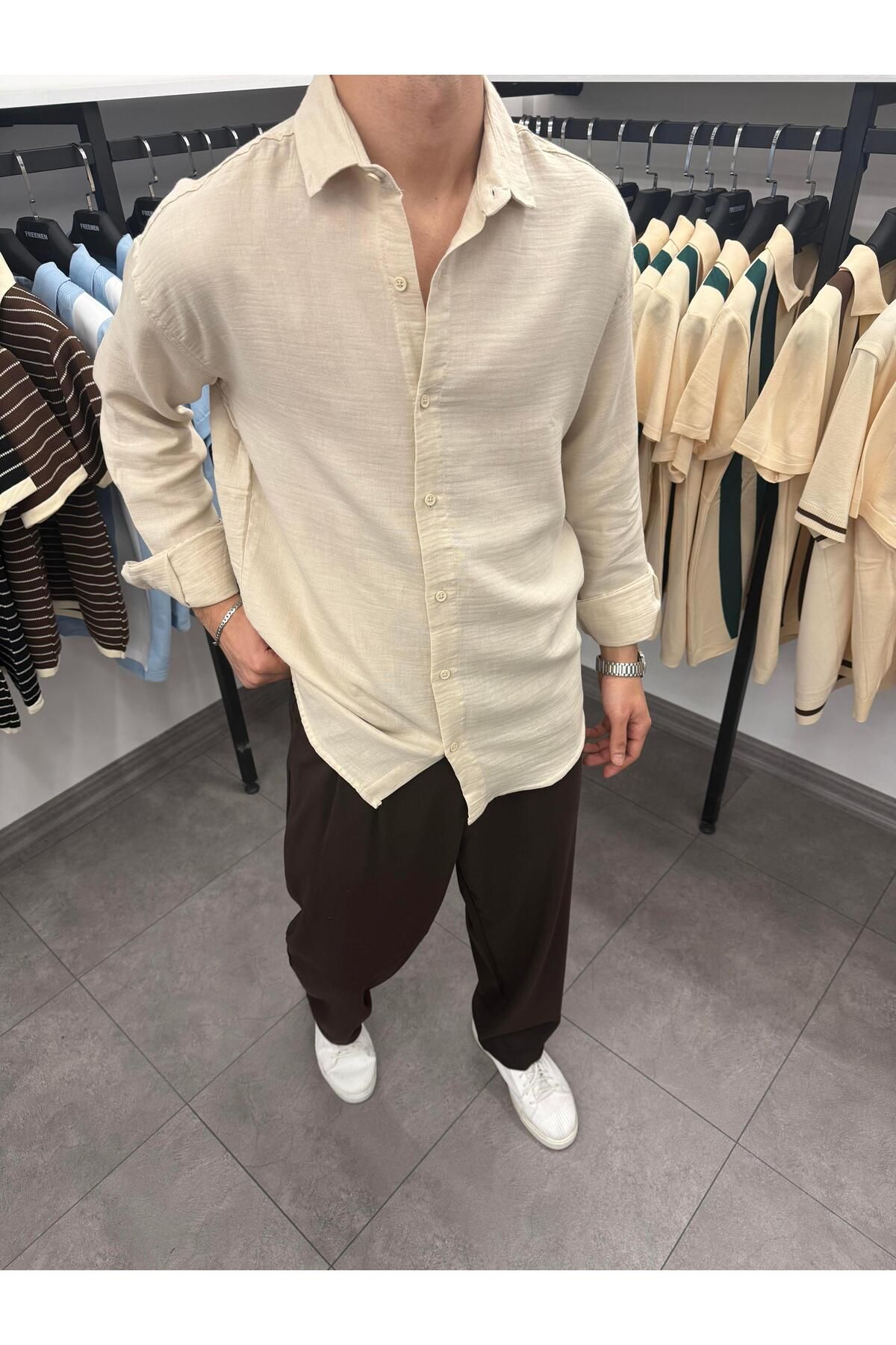 Butik Müslin Kumaş Oversize Gömlek Bej