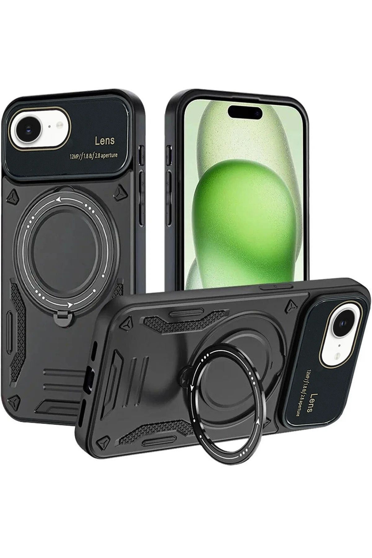 NewFace iPhone 16E Kılıf Joy Lens Standlı Kapak - Siyah FERRG