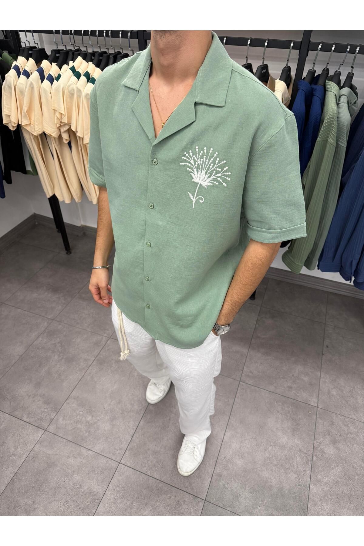 Butik Nakış İşlemeli Kısa Kol Oversize Gömlek Yeşil
