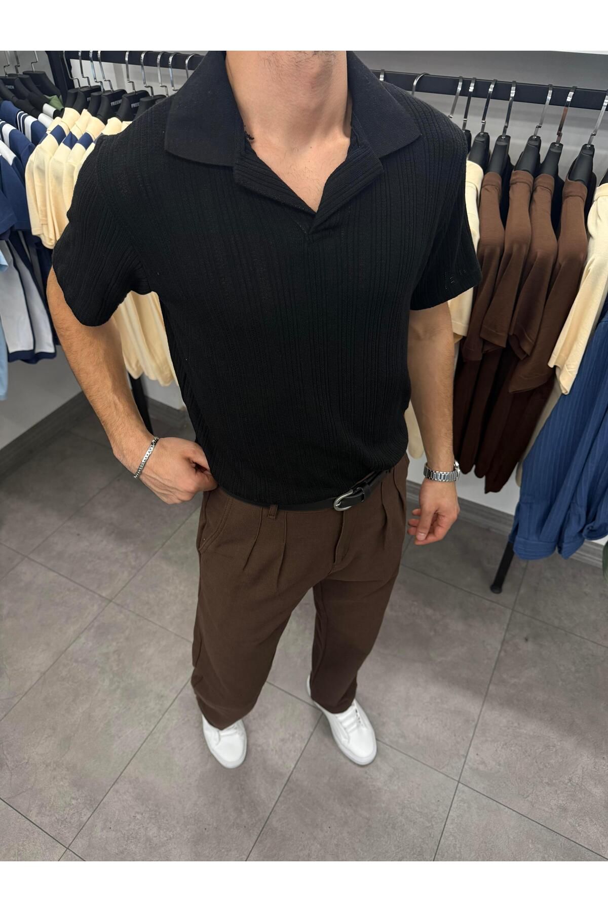 Butik Örme Desenli Apaç Yaka Triko Siyah