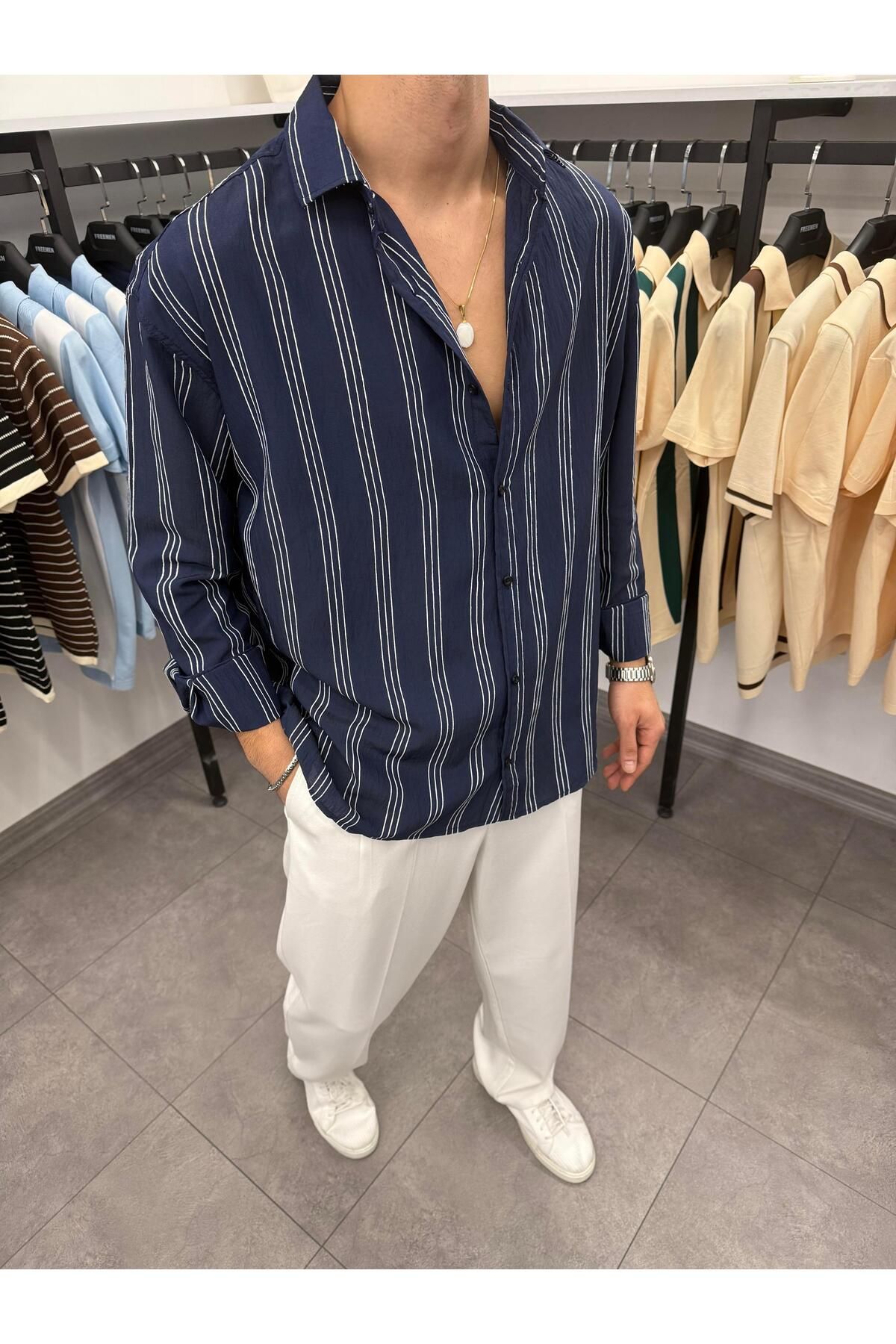 Butik Çift Çizgi Detaylı Oversize Gömlek Lacivert