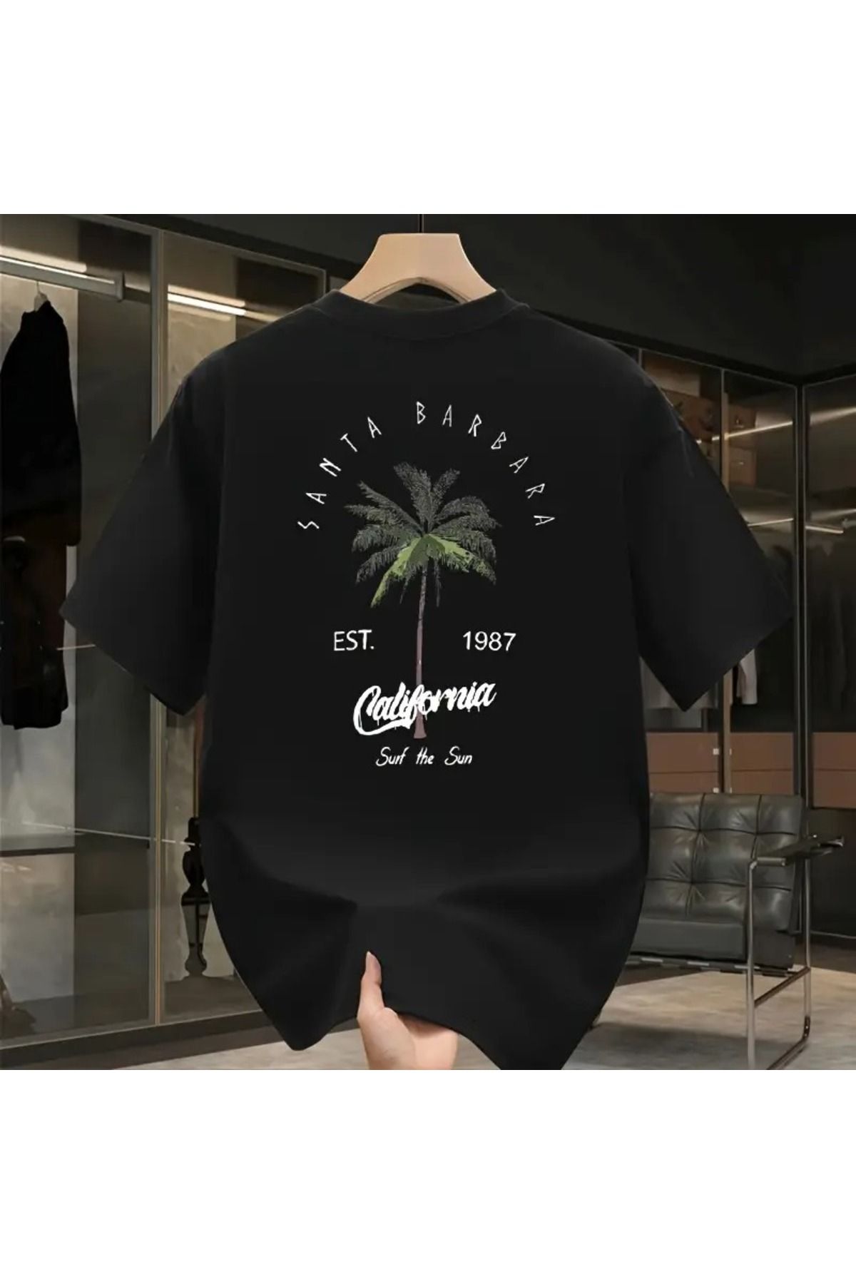 LAND MODA Erkekler İçin %100 Pamuklu Ağır Kalın Vintage California Desenli Tişört - Santa Barbara Palmiye Ağac