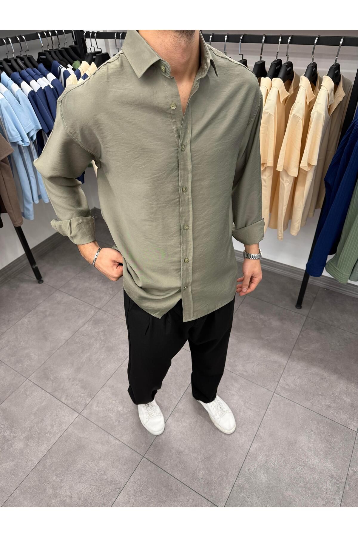 Butik Modal Keten %95 Pamuk Gömlek Çağla Yeşili