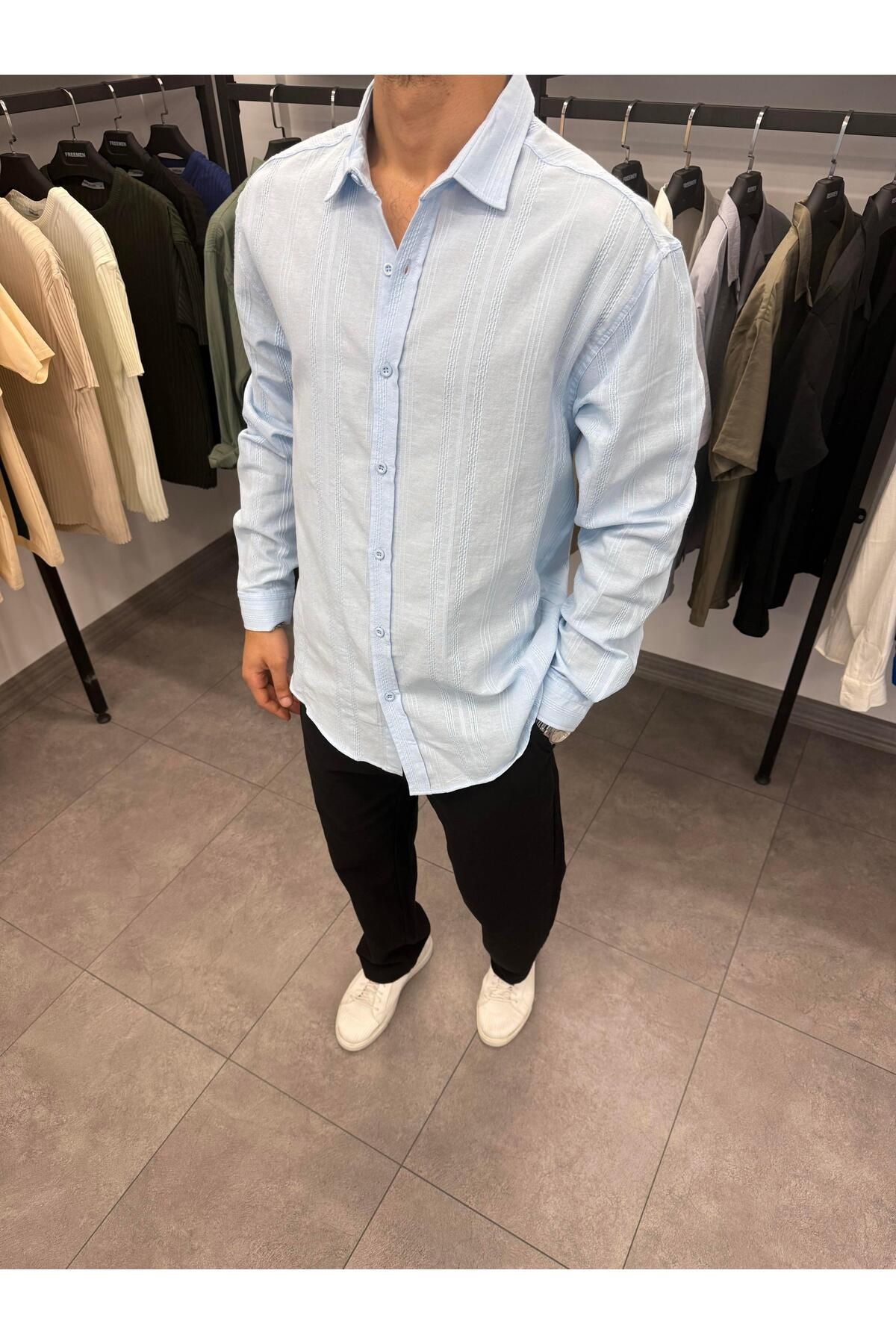Butik Örgü Detaylı Oversize Keten Gömlek Mavi