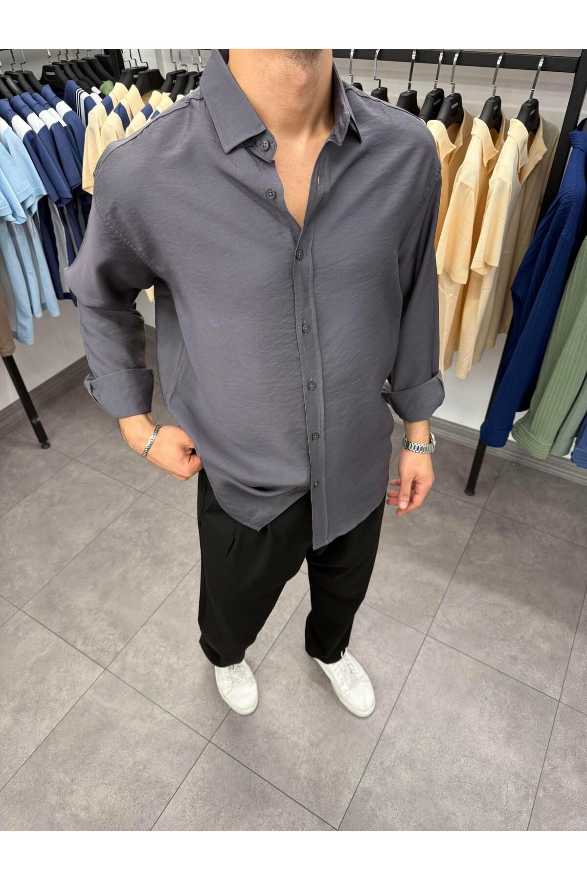 Butik Modal Keten %95 Pamuk Gömlek Antrasit