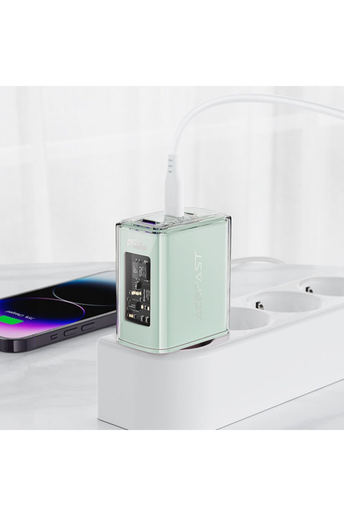 Acefast-Încărcător de perete, încărcare rapidă, AcesFast, 2x Tip-C, USB, GaN, încărcare rapidă PD65W, A45, Verde 6