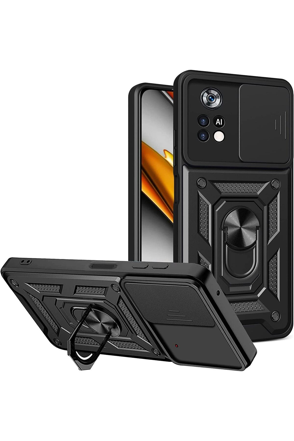 Rivor Xiaomi Poco M4 Pro 4G Kılıf Kamera Sürgülü Standlı Yüzüklü Darbe Emici Zırh Koruyucu Tank Kapak