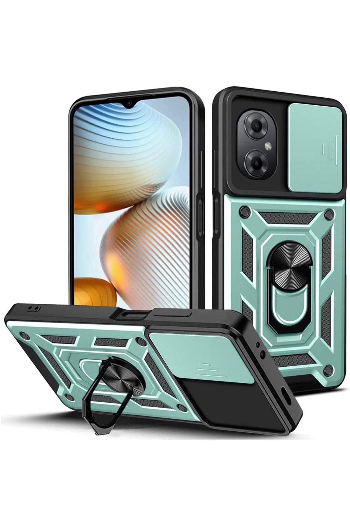 Rivor Xiaomi Poco M5 Uyumlu Kılıf Kamera Sürgülü Standlı Yüzüklü Darbe Emici Zırh Koruyucu Tank Kapak