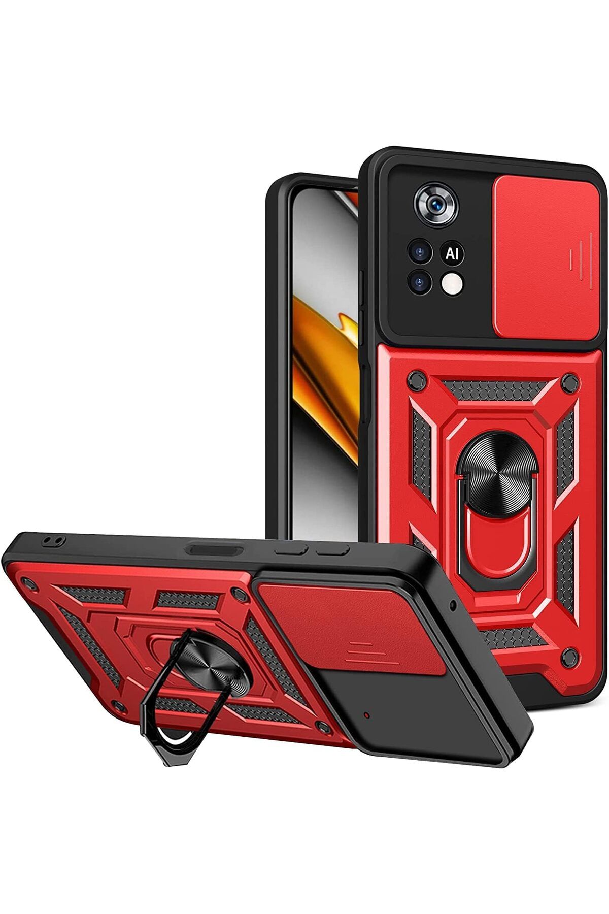 Rivor Xiaomi Poco M4 Pro 4G Kılıf Kamera Sürgülü Standlı Yüzüklü Darbe Emici Zırh Koruyucu Tank Kapak