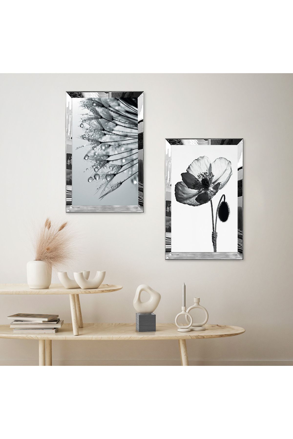 Zevahir Mobilya Dekorasyon-Gray Water Drops and Flowers Decorative Double Mdf Table Set with Silver Mirror Plexi Frame 2