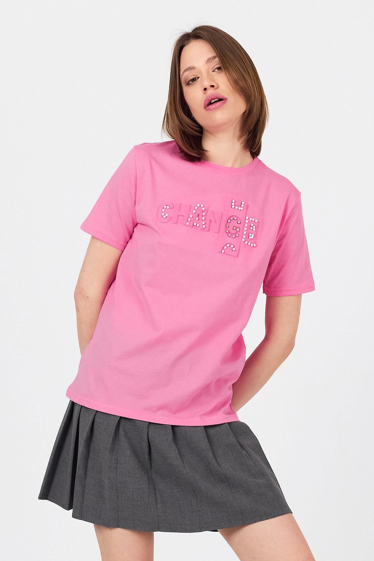 Rays Pembe Change Yazı Kabartmalı Tişört 25227