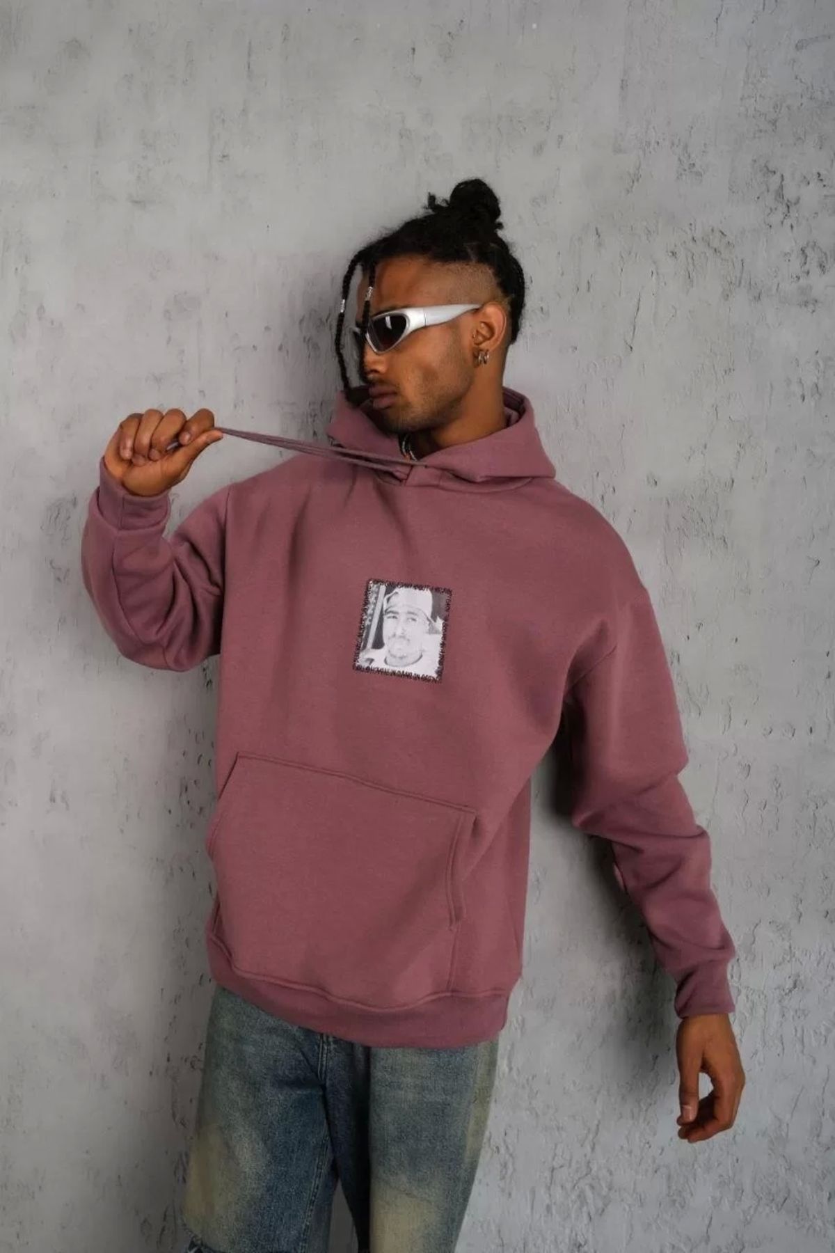 luz&pos Erkek Ön Arka Baskılı Kapşonlu Sweat - Gül Kurusu
