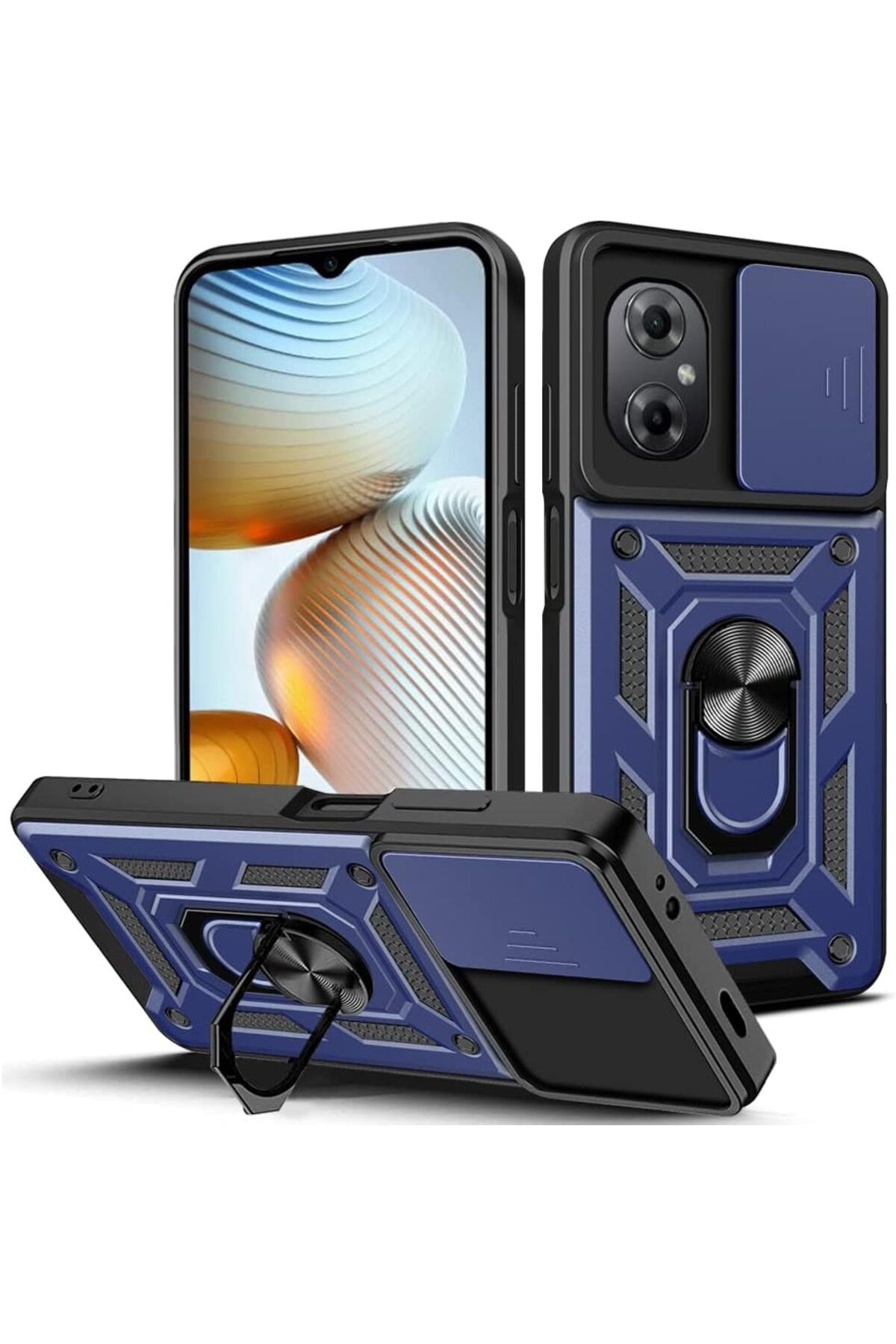 Rivor Xiaomi Poco M5 Uyumlu Kılıf Kamera Sürgülü Standlı Yüzüklü Darbe Emici Zırh Koruyucu Tank Kapak
